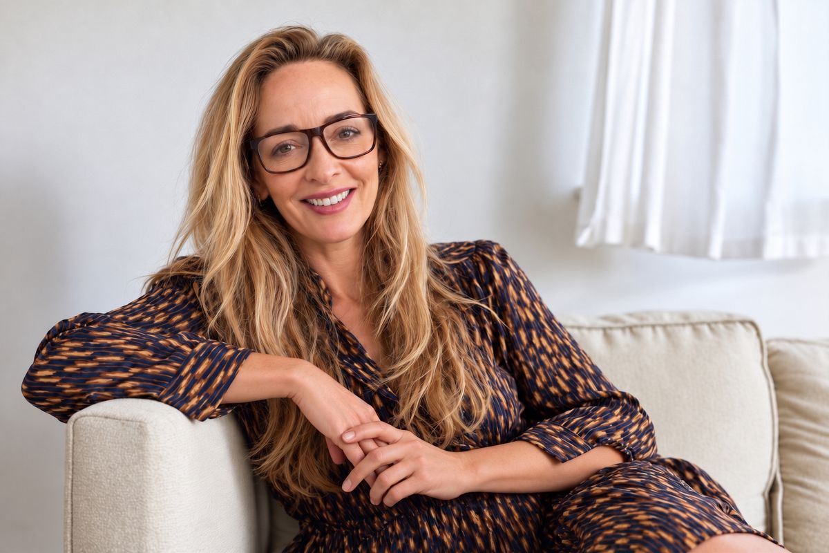 Susan Dyson smiling, seated on a sofa in a patterned dress and tortoiseshell glasses